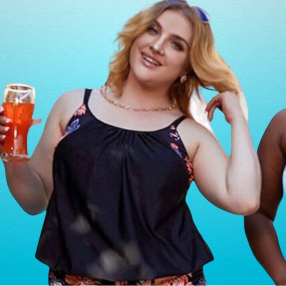 Black & Pink Floral Banded Tankini Two Piece  (Top Only) PLUS SIZE 20W - Picture 5 of 7